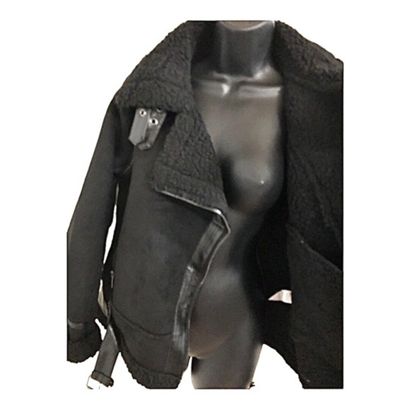 Black moto bomber‎ buckled faux shearling leather coat jacket size large new - Picture 9 of 16